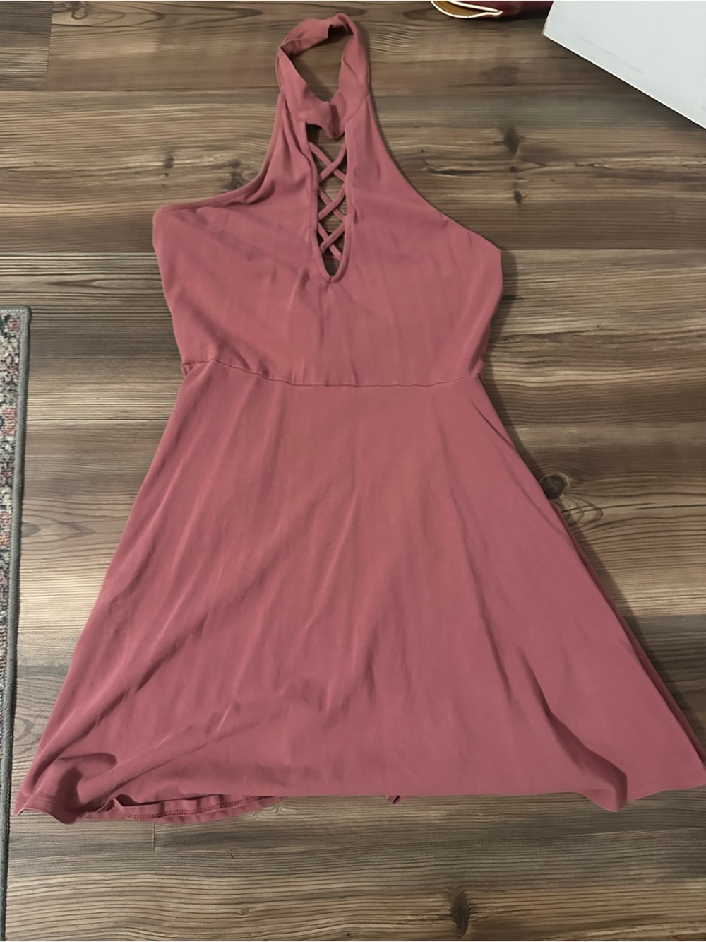 Express Women’s Halter Crisscross Knit Skater Dress - Dusty Rose Mauve